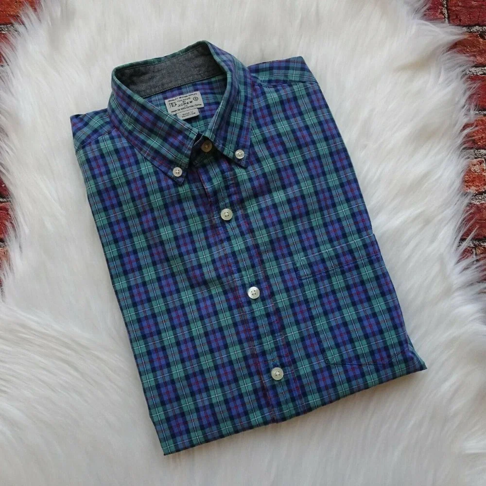 J. Crew Men's Button Down Shirt Top Long Sleeves Green Blue Multicolor Plaid S